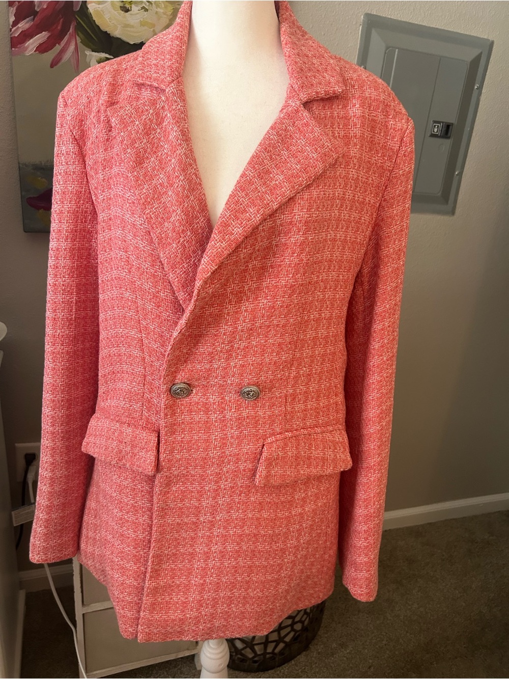 Coral Textured Double-Breasted Blazer
